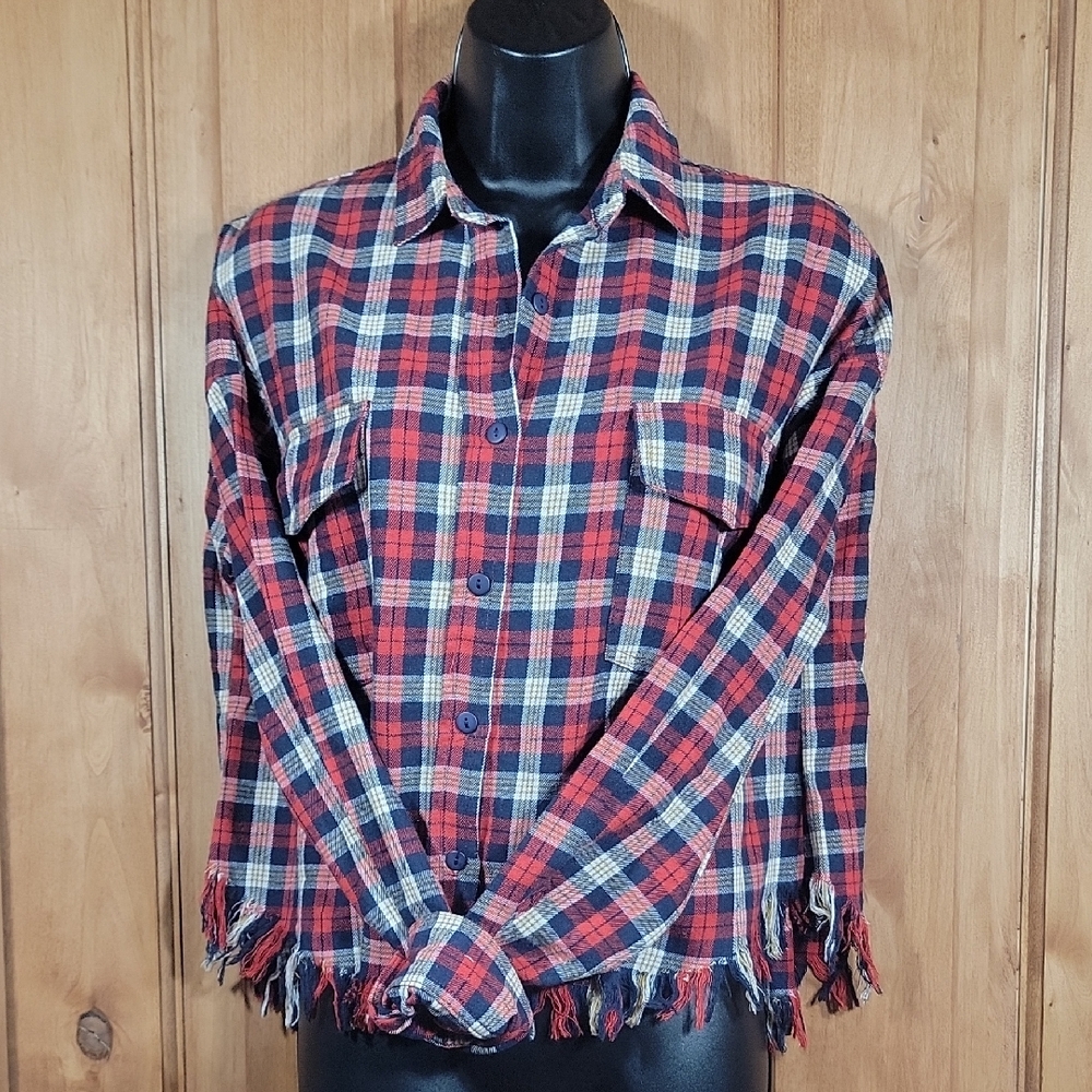 NWT Plaid Button-Up with Fringe